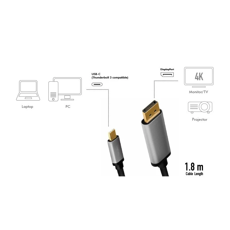 LogiLink CUA0100 Kabel przejściówka DisplayPort USB 3.2 Gen1 Type-C 1.8m Czarny Szary