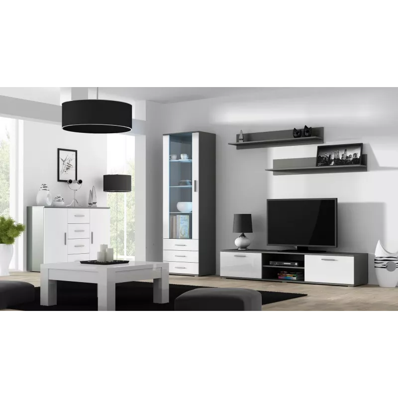 Kredens Cama Meble UNI szary/biały połysk, 2 drzwi, 2 półki, 1320×380×920 mm
