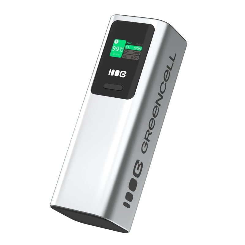 Przenośny akumulator Green Cell PBGC25UD, 25200 mAh, Li‑Ion, 140 W mocy całkowitej, 2× USB‑C + 1× USB‑A, wyświetlacz OLED, aluminiowa obudowa