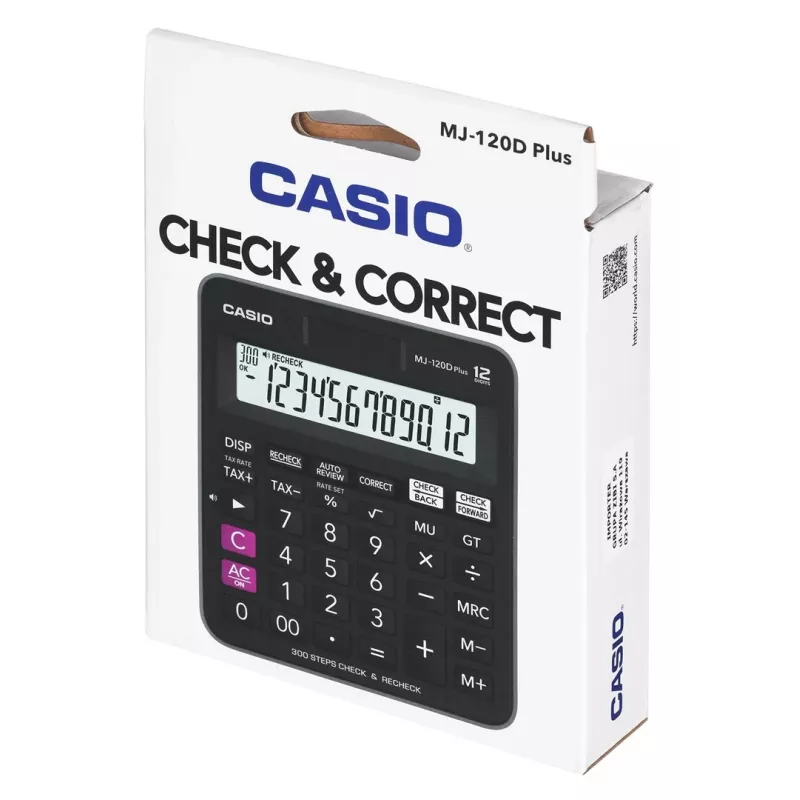 Kalkulator biurkowy CASIO MJ-120D PLUS — podstawowy 12-cyfrowy, bateria/słoneczny, 35 klawiszy, podatek i pierwiastek kwadratowy, czarny