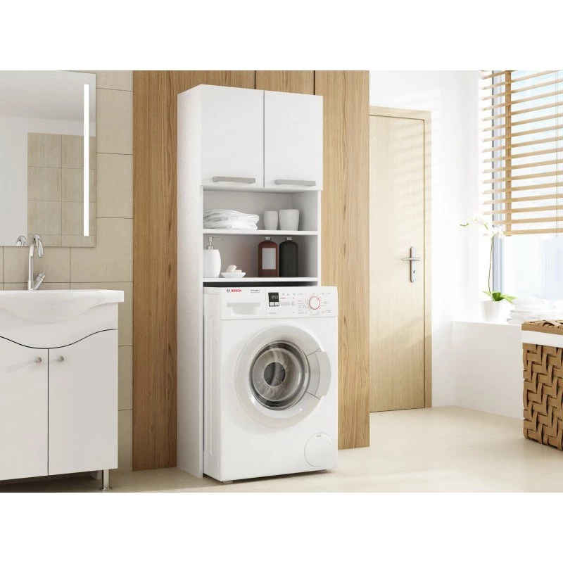Szafka do przechowywania w łazience Top e Shop PRALKA POLA BIEL — biała, wolnostojąca, 4 półki, 640×300×1830 mm