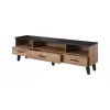 Stolik TV Cama Meble LOTTA 180 cm — rama w kolorze dębu Wotan, matowy czarny blat, 1800×400×530 mm