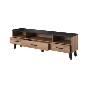 Stolik TV Cama Meble LOTTA 180 cm — rama w kolorze dębu Wotan, matowy czarny blat, 1800×400×530 mm