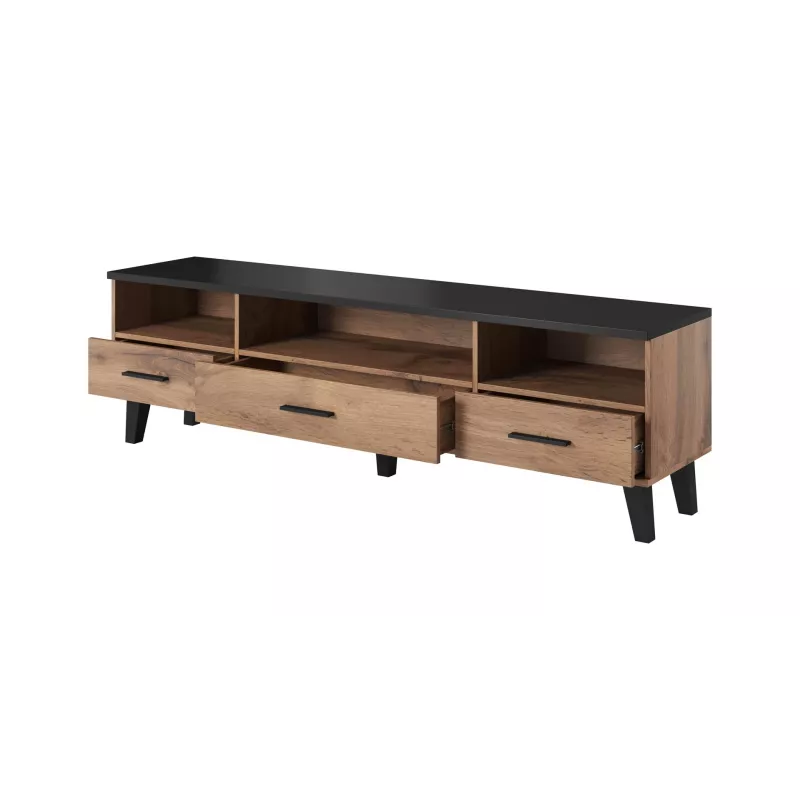 Stolik TV Cama Meble LOTTA 180 cm — rama w kolorze dębu Wotan, matowy czarny blat, 1800×400×530 mm