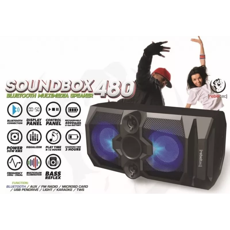 Rebeltec SoundBox 480 Przenośny Głośnik Bluetooth Stereo Czarny, 50W RMS