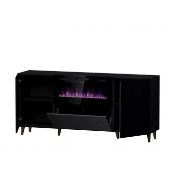 Komoda z kominkiem elektrycznym Cama Meble PAFOS 180x42x82 cm czarny mat, 3 drzwi, 2 półki, 1400–1600 W