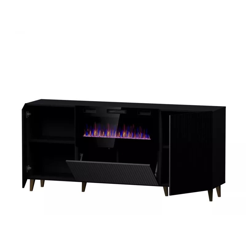 Komoda z kominkiem elektrycznym Cama Meble PAFOS 180x42x82 cm czarny mat, 3 drzwi, 2 półki, 1400–1600 W