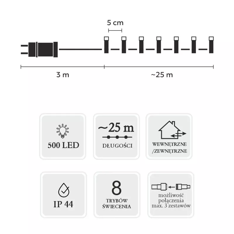 Łańcuchy świetlne LED Extralink 500 diod wielokolorowe, 25 m, wewnętrzne/zewnętrzne, model EX.73318