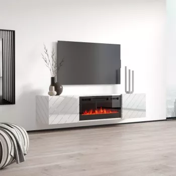 Szafka RTV cama meble LUXE 1826×345×375 mm biały połysk z wbudowanym czarnym kominkiem elektrycznym (1400–1600 W)