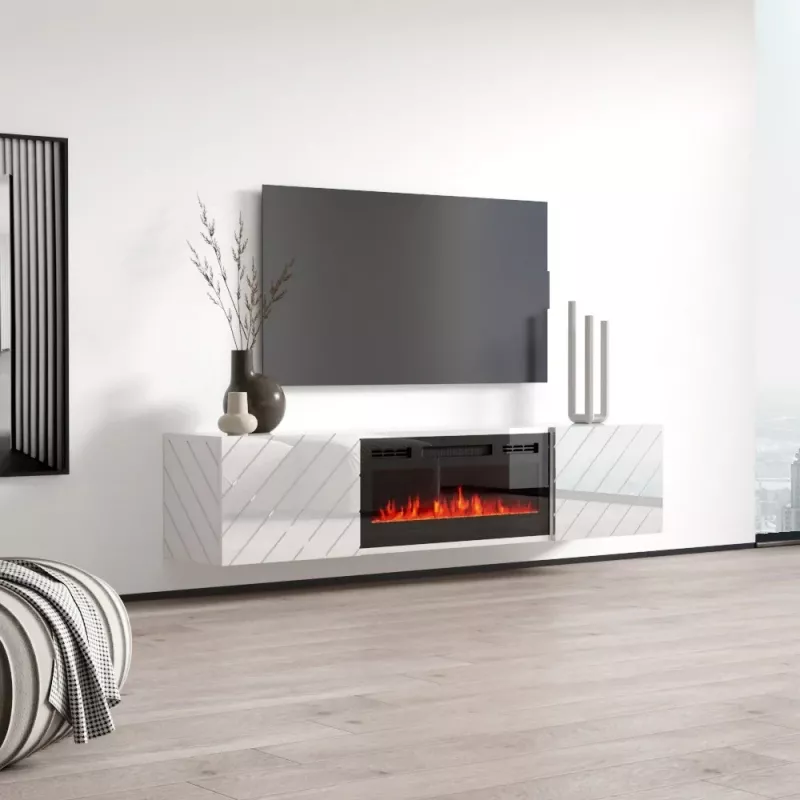 Szafka RTV cama meble LUXE 1826×345×375 mm biały połysk z wbudowanym czarnym kominkiem elektrycznym (1400–1600 W)