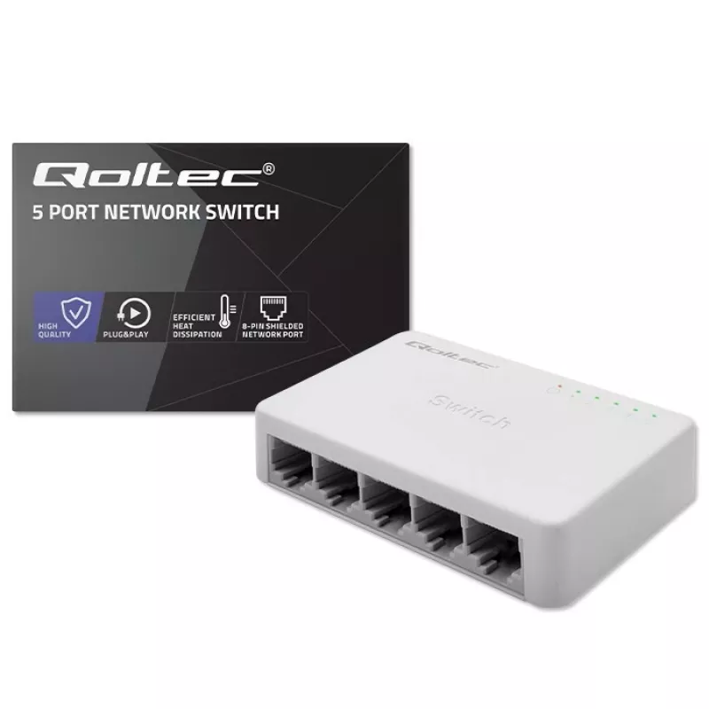 Przełącznik sieciowy QOLTEC 52247 5 x portów RJ45 1000Mbps Gigabit niezarządzalny