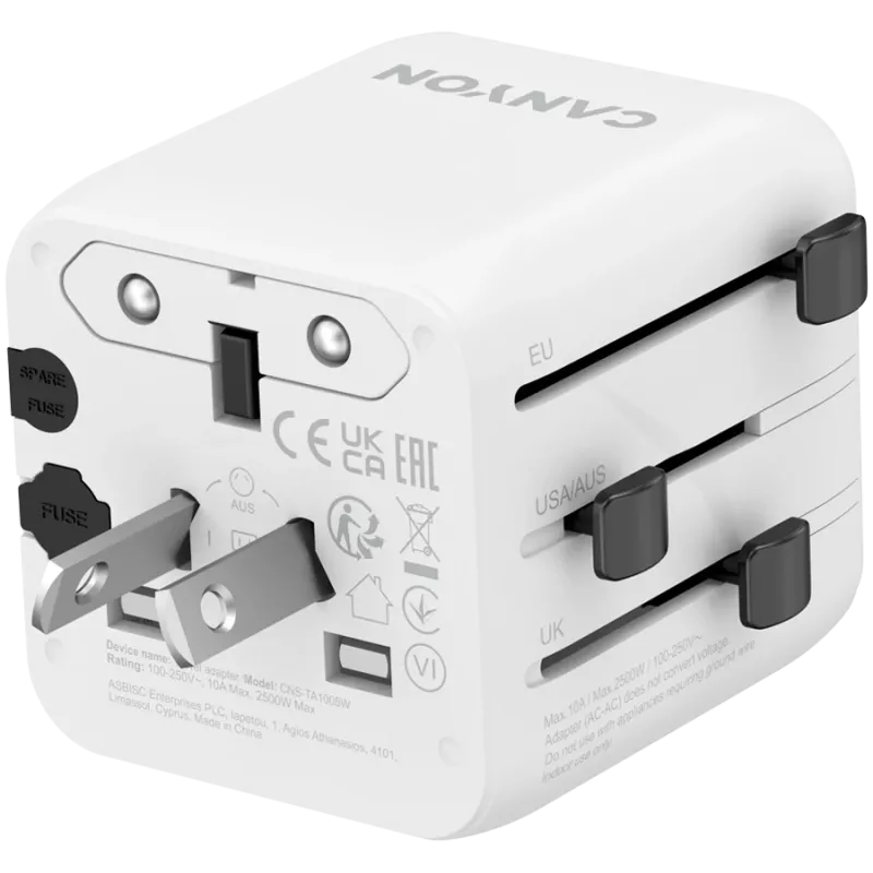 Adapter podróżny CANYON OnTour One EU UK US AUS Biały (CNS-TA1005W) - uniwersalna konwersja wtyczek dla gniazdek EU/UK/US/AUS