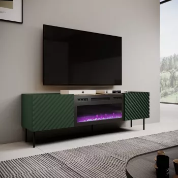 Szafka RTV z kominkiem elektrycznym Cama Meble ONDA 180.5×40×58.0 cm, płyta wiórowa, zielona, wolnostojąca lub do montażu na ścianie