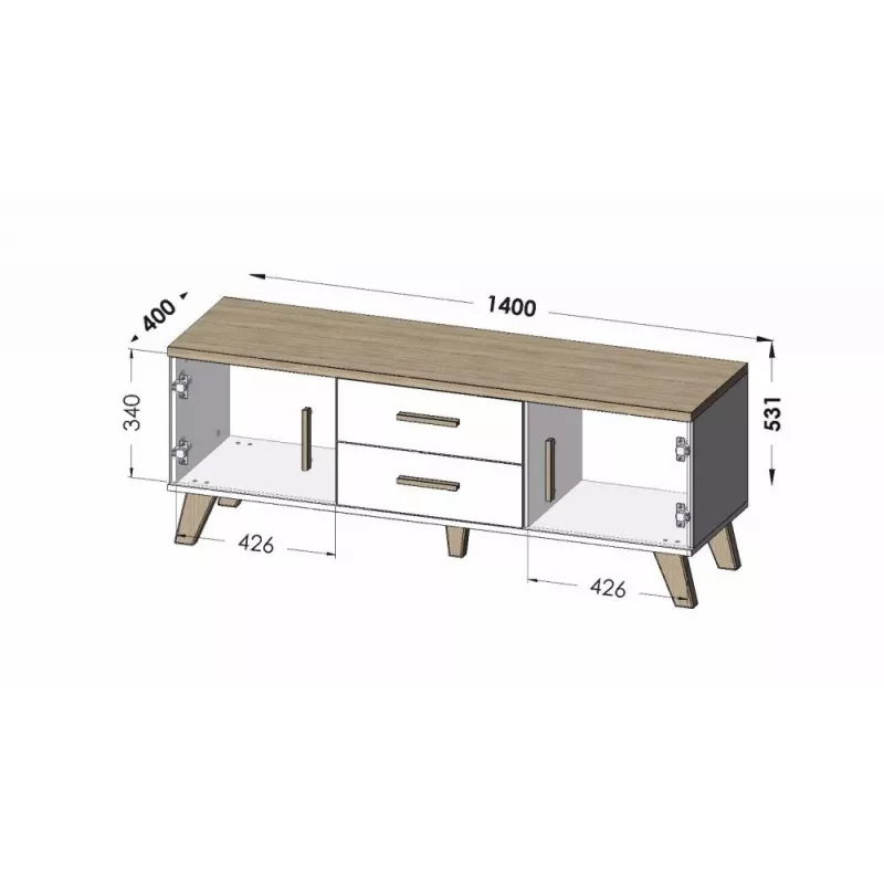 Szafka TV Cama Meble LOTTA 140 cm — rama wotan dąb, czarny blat z płyty wiórowej, 1400×400×530 mm