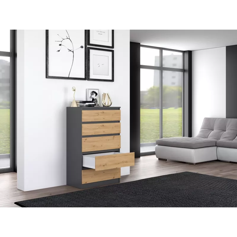 Komoda Topeshop M5 ANTRACYT/ARTISAN 5-szufladowa, Antracytowy dąb, 700×1095×400 mm