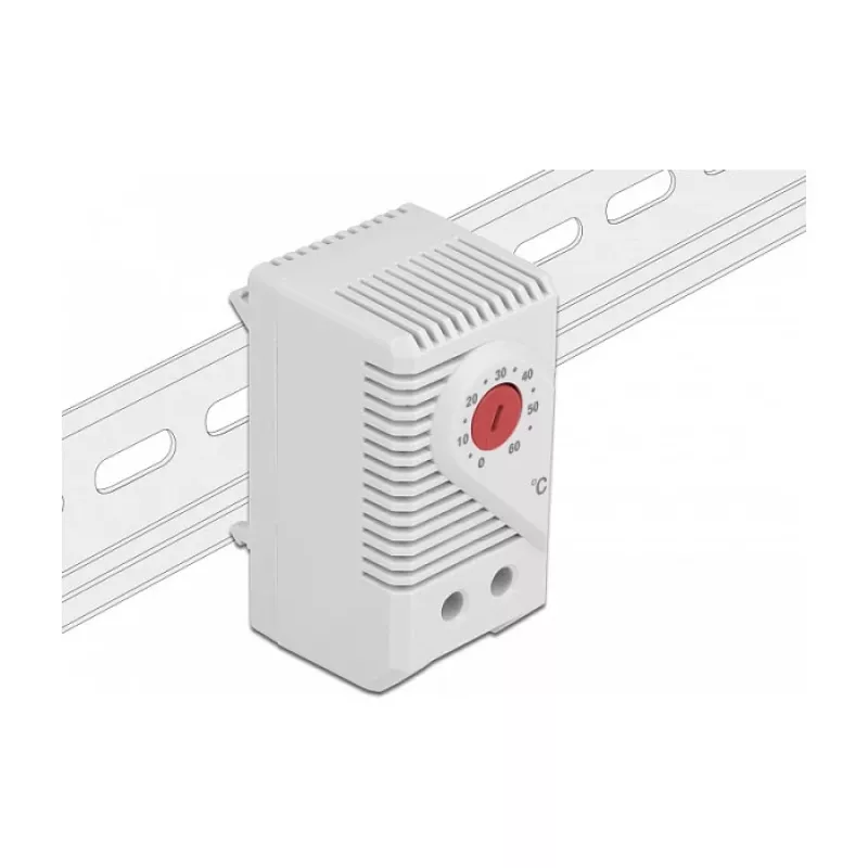 Termostat DELOCK 66824, obudowa z tworzywa sztucznego, IP20, 30 W, 250 V, 10 A, 43×60×33 mm, szary/czerwony