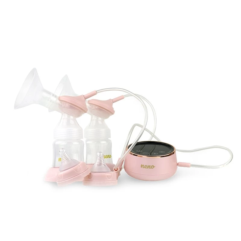 Elektryczny laktator neno Bella Twin — elektroniczny, butelki 150 ml, 6 poziomów stymulacji / 9 poziomów ssania, bateria litowo-jonowa USB, różowy/przezroczysty