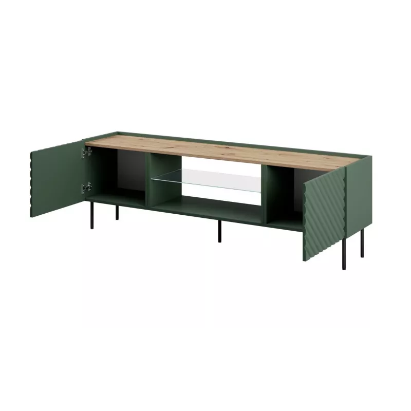 Szafka RTV z kominkiem elektrycznym Cama Meble ONDA 180.5×40×58.0 cm, płyta wiórowa, zielona, wolnostojąca lub do montażu na ścianie