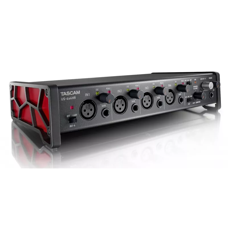 Interfejs audio Tascam US-4X4HR – 4x XLR combo, 4 wyjścia analogowe, 56 dB przedwzmacniacz mikrofonowy, 192 kHz, USB 2.0, desktop, czarny
