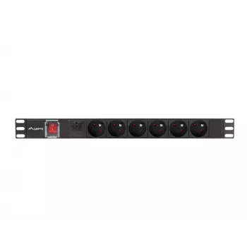 Jednostka dystrybucji zasilania LANBERG PDU-06E-0200-BK — 6 gniazd typu E, 16 A, kabel 2 m, 1U do szafy rack, 220–250 V