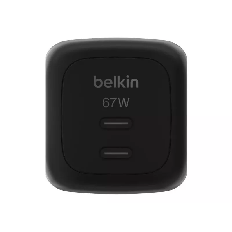 Szybka ładowarka sieciowa Belkin WCH020kqBK, 2× USB-C, uniwersalna kompatybilność, zabezpieczenia zasilania, czarna