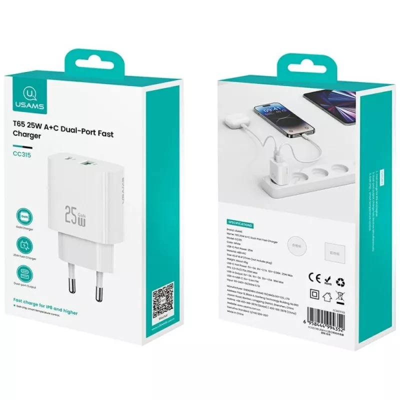 Ładowarka usams CC315 25W, 1× USB-C + 1× USB-A, szybkie ładowanie