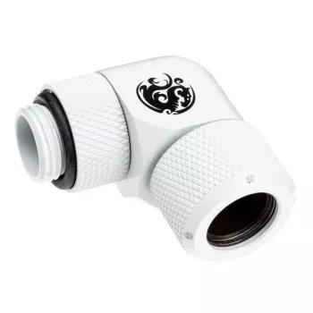 Złączka BitsPower BP-DWE90RMLA12 — mosiężna złączka kątowa 90°, biała, Ø 12 mm