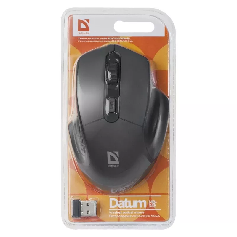 Bezprzewodowa mysz optyczna DEFENDER Datum MB-345 RF, symetryczna/praworęczna, 1600 DPI, 3 przyciski, odbiornik USB RF, czarna