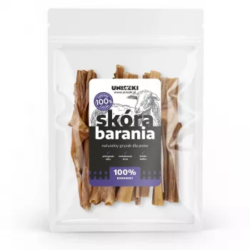 Przysmak dla psa UNISZKI Sheep Skin 100 g — hipoalergiczny gryzak jagnięcy, 100 g saszetka, białko 50,79%, tłuszcz 36,37%
