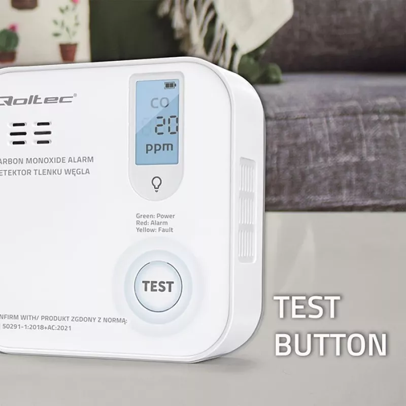 Czujnik tlenku węgla QOLTEC 52577 — alarm zasilany bateriami, poziom dźwięku 85 dB