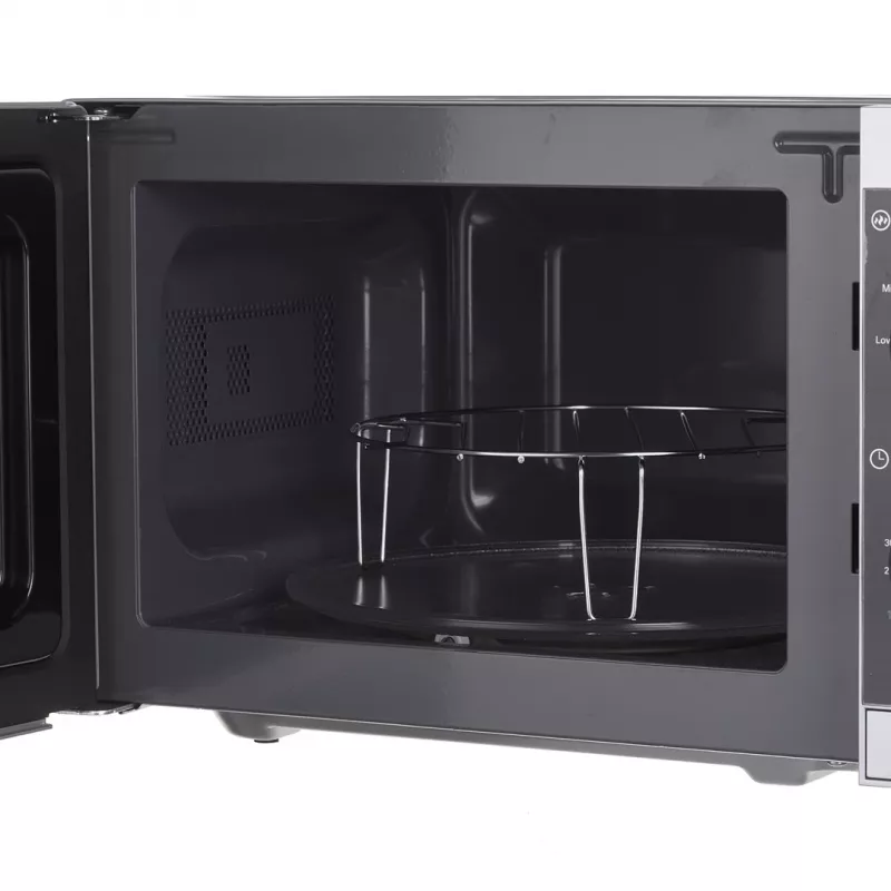 Mikrofalówka kombinowana Sharp YC-MG01E-S — 20 l, 800 W mikrofale, 1000 W grill, 5 poziomów mocy, pokrętło, talerz obrotowy 25,5 cm