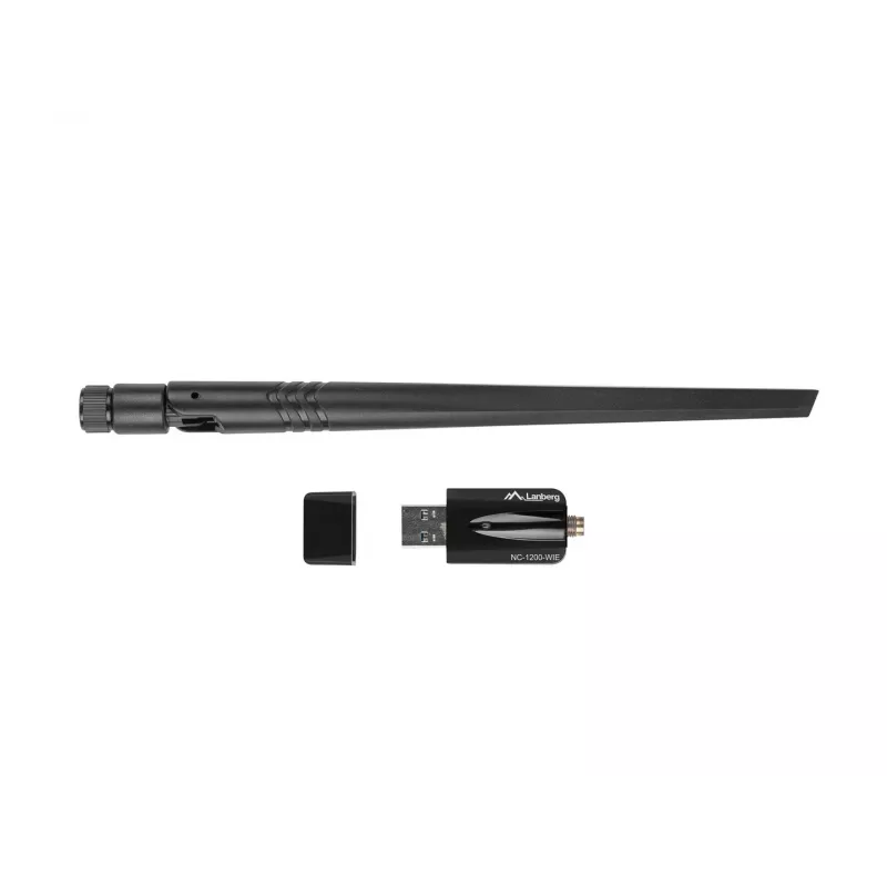 Karta WLAN wewnętrzna LANBERG NC-1200-WIE — Dwuzakresowy adapter USB WLAN, RTL8812BU, do 1200 Mbit/s, zewnętrzne anteny 2x2 (5 dBi), czarny