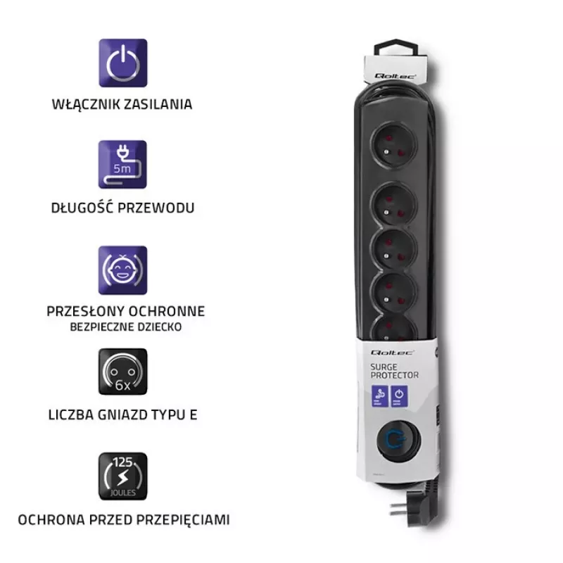 Listwa przeciwprzepięciowa Qoltec 50172 Czarna 6 gniazd AC 230V 5m