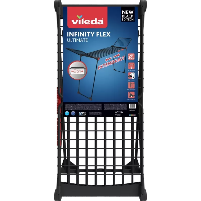 Suszarka do ubrań VILEDA Infinity Flex Ultimate Telescopic — czarna, aluminium lakierowane, 30 m powierzchni suszenia, składana, kółka