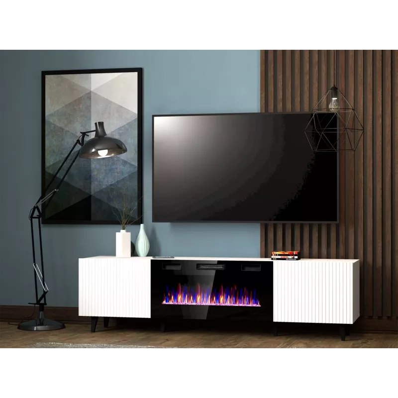 Szafka RTV Cama Meble PAFOS EF z kominkiem elektrycznym 180×42×49 cm, biały mat