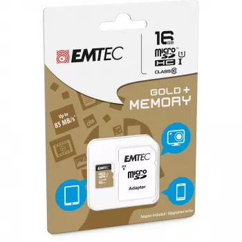 EMTEC Gold+ - Karta pamięci flash (z adapterem SD) - 16 GB - Klasa 10 - microSD - Złota (ECMSDM16GHC10GP)
