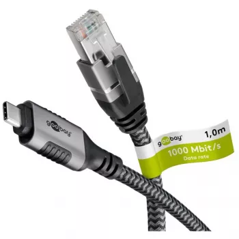 Wentronic goobay - Kabel sieciowy - 24-pin USB-C (M) do RJ-45 (M) - 1,0 m - 6 mm - FTP - CAT 6 - USB 3.1 - kabel pleciony - Czarny, Srebrny (70696)