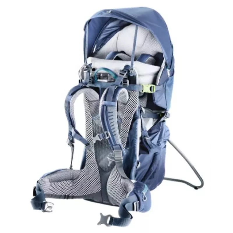 Nosidełko turystyczne Deuter Kid Comfort Pro, niebieskie, poliamid, maks. 22 kg, daszek przeciwsłoneczny, kieszeń boczna