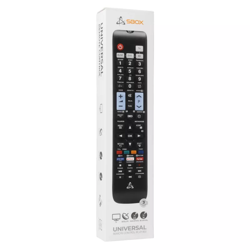Pilot uniwersalny SBOX RC-01400 — zamiennik do telewizorów, dekoderów i odtwarzaczy DVD