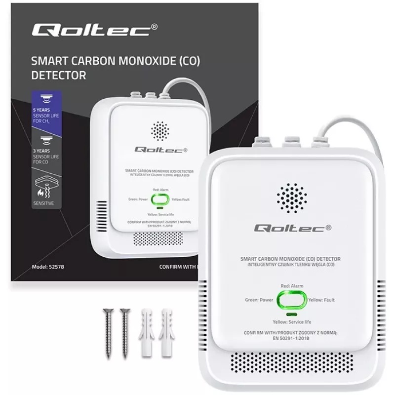 Alarm czujnika CO QOLTEC 52576 — czujnik tlenku węgla, alarm 85 dB