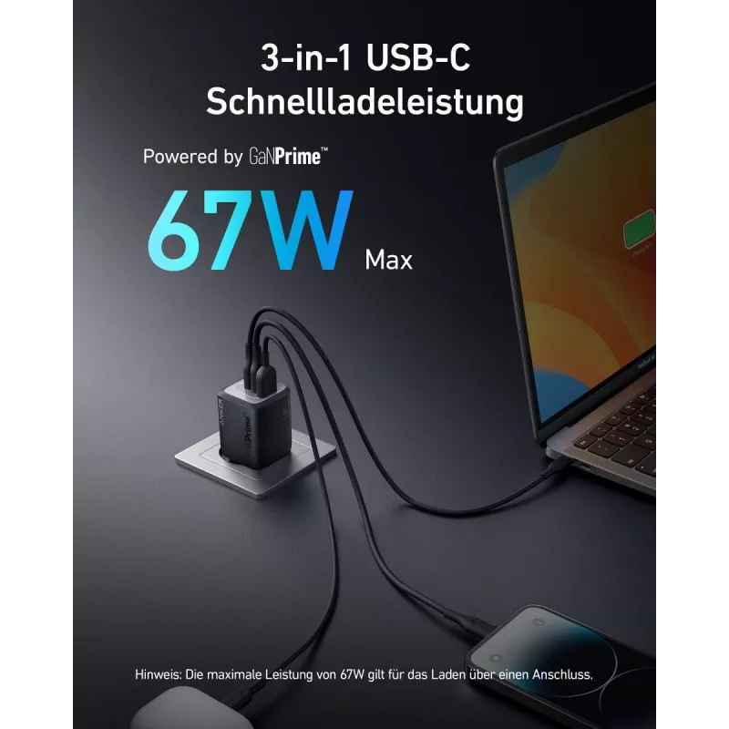 Wewnętrzna szybka ładowarka USB Anker Prime A2669313 — 67 W, 1×USB-A, 2×USB-C, Czarna