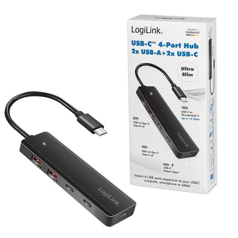 Hub USB-C, 4-porty 2x USB-A, 2x USB-C, Czarny