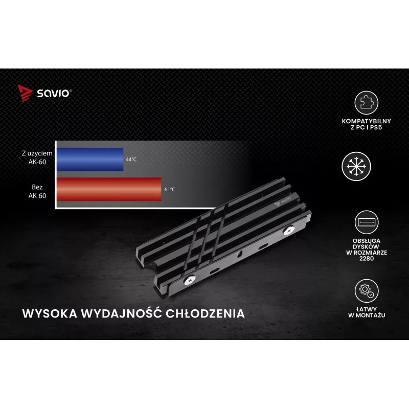 Chłodnica powietrza SAVIO M.2 NVMe 2280 AK-60 Czarny radiator dla SSD 22x80 mm