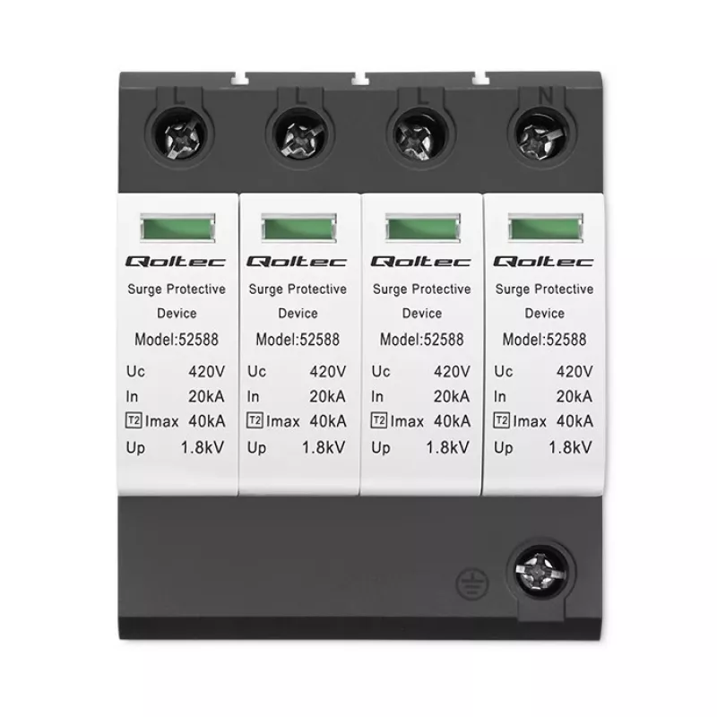 Ogranicznik przepięć QOLTEC 52588 AC 4P 420V T2 C — 4-biegunowy ogranicznik przepięć AC, 420 V, Typ 2