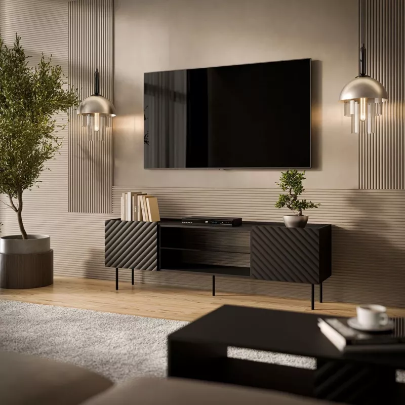 Szafka RTV cama meble LUCCA 180x40x59 cm, blat z czarnej płyty wiórowej, czarny stelaż