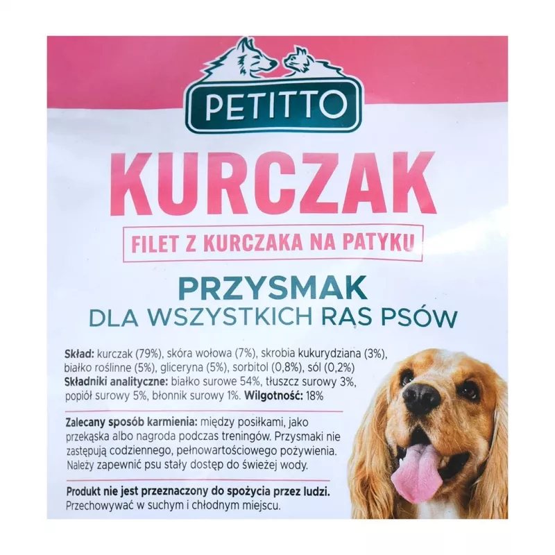 Przysmaki dla psów PETITTO Filet z kurczaka na patyku 500 g — drobiowa przekąska dietetyczna, opakowanie plastikowe 500 g