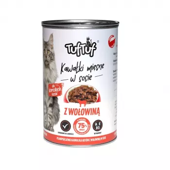 Mokra karma dla kota TufTuf Kawałki mięsa w sosie z wołowiną 415 g — karma pełnoporcjowa dla dorosłych kotów, wilgotność 81,5%