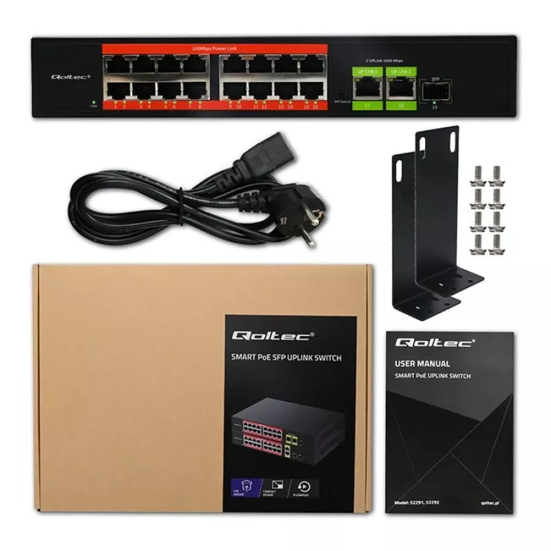 Przełącznik Ethernet PoE QOLTEC 16x RJ45, 2x RJ45 uplink, 1x SFP (MPN 52291)