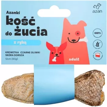 AZANKI Kość z krewetkami i czarnymi oliwkami w skórze z dorsza w kształcie ryby – przysmak dla psa – 12 cm