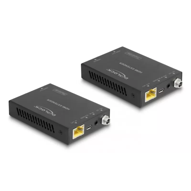 Zestaw nadajnika i odbiornika AV DELOCK 65955 — Przedłużacz HDMI Cat6/Cat6a, do 3840×2160, przewodowy, zasilanie Micro-USB B